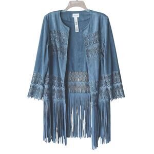 Chico’s Blue Fringe Jacket Size 1 M Faux Suede Boho Western Open Front Long